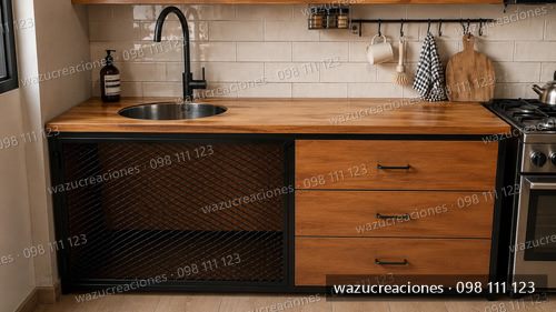 Bajo Mesada A Medida Hierro Y Madera Finger Cocina Wazu Mesa Negro