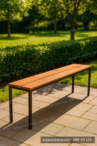 Banco Largo Hierro Y Madera Jardin Exterior Asiento Negro