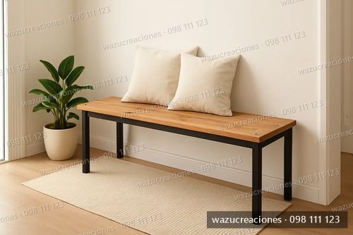Banco Largo Madera Y Hierro Asiento Clubes Estar Espera Bajo