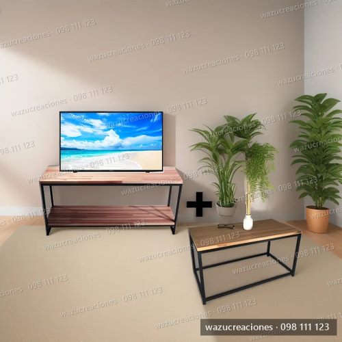 Combo Rack Tv Mas Mesa Living Hierro Y Madera  Negro