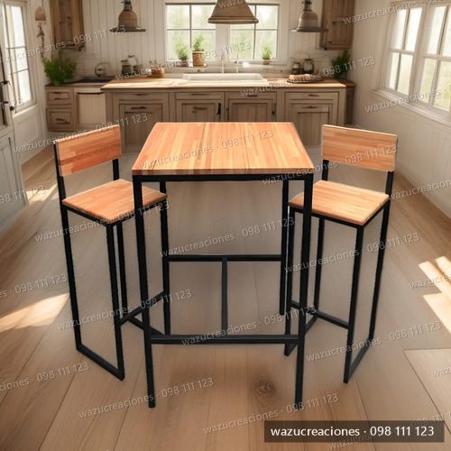 Desayunador Con Dos Taburetes Hierro Y Madera Industrial Negro
