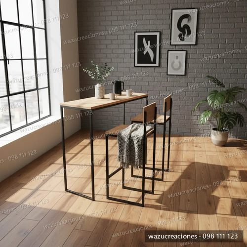 Desayunador Mesa + Bancos Taburetes Hierro Y Madera Finger Negro