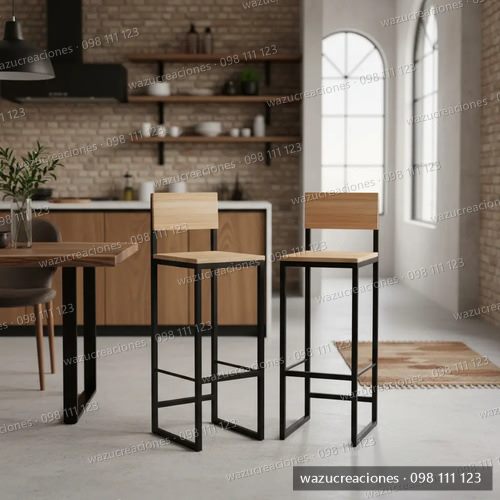 Dos Bancos Taburete Con Respaldo Hierro Y Madera Banqueta Satinado Negro