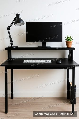 Escritorio Con Soporte Monitor Hierro Madera Modernos Wazu Negro