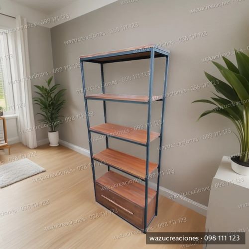 Estanteria Biblioteca Hierro Y Madera Finger Con Cajon Wazu  Negro