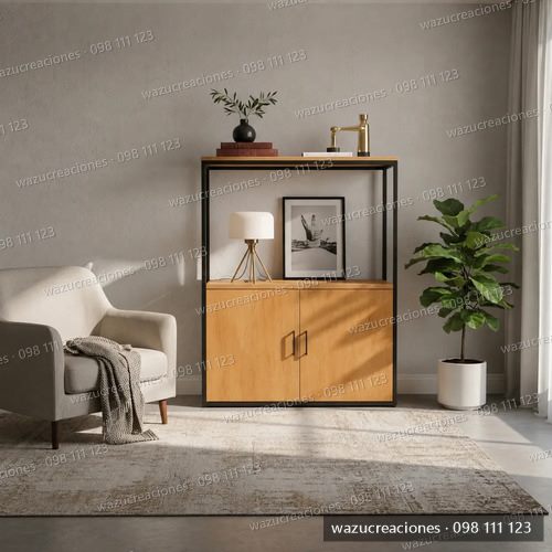 Estantería Con Estante Y Puertas Hierro Y Madera Biblioteca Negro