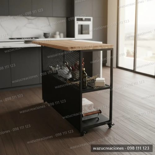 Isla Cocina Estilo Industrial Hierro Y Madera Desayunador