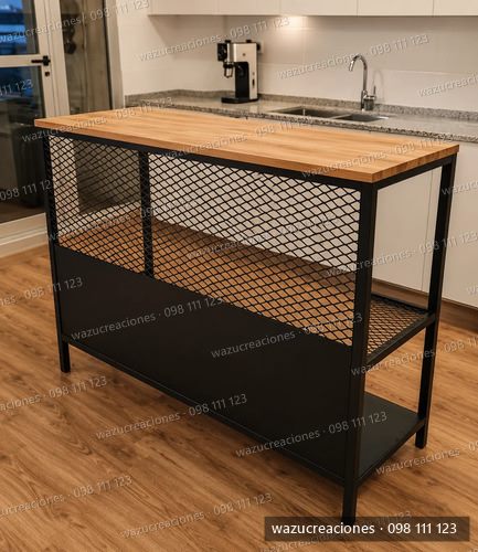 Isla Cocina Estilo Industrial Hierro Y Madera Desayunador Negro