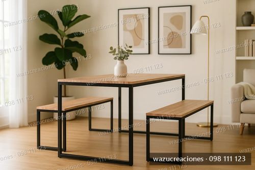 Juego De Comedor Mesa Y Dos Bancos Hierro Y Madera Wazu