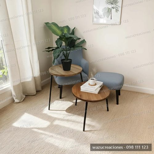 Mesa De Living Lateral Ratona Redonda Hierro Y Madera Wazu Negro