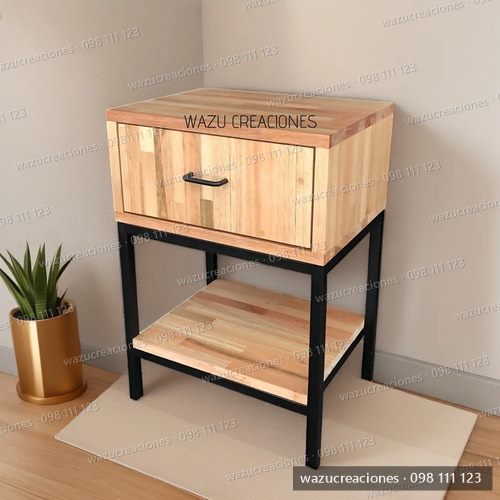 Mesa De Luz Cajon Y Estante Hierro Madera Dormitorio Finger Negro