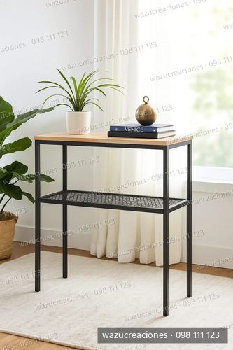 Mesa De Madera Con Estante De Malla Arrime Mesita Barra Negro