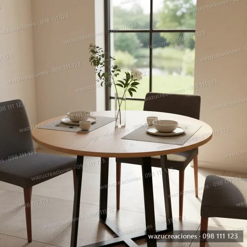 Mesa Redonda De Comedor Hierro Y Madera Finger 1 Metro Marrón Claro Negro