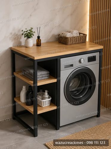 Mueble Organizador Para Lavarropas En Hierro Y Madera Finger Marrón Claro