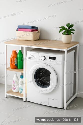 Mueble Para Lavarropas Organizador Hierro Y Madera Estantes Blanco