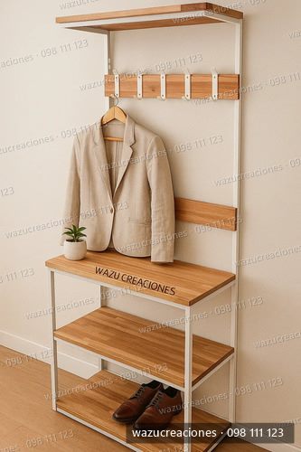 Perchero Hierro Y Madera Recibidor Despojador Exhibidor Wazu Blanco