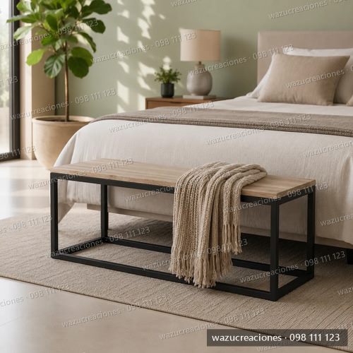 Pie De Cama Hierro Y Madera Estilo Industrial Dormitorio Negro