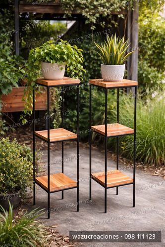 Porta Macetas Triple Hierro Y Madera Estilo Industrial Negro