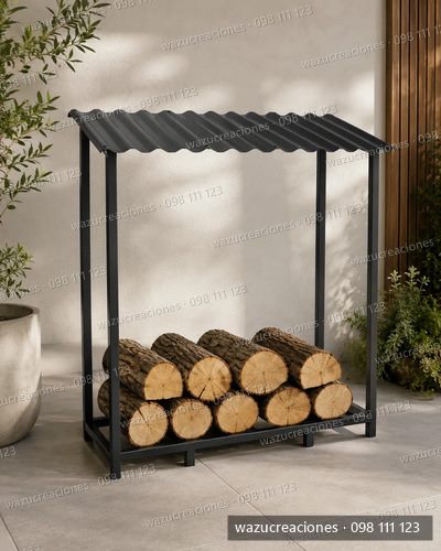 Rack Leñero Con Techo Para Leña Seca Estufa Parrilla Negro