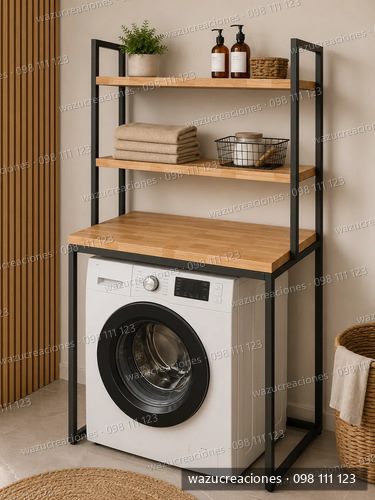 Rack Organizador Para Lavarropas Hierro Negro Y Madera Finge Marrón Claro