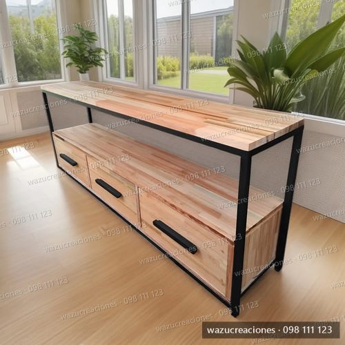 Rack Tv Hierro Y Madera Con Cajones Living Estilo Industrial Negro