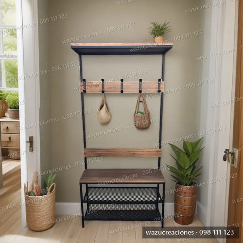 Recibidor Estilo Industrial Hierro Madera Despojador Percher Negro