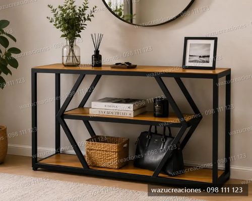 Recibidor Multifunción Hierro Madera Wazu 120x30x80 Marrón Claro