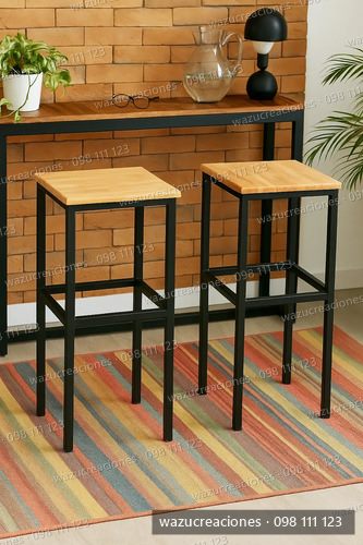 Taburete Banco Hierro Y Madera Desayunador Finger Silla Wazu Pintado Negro