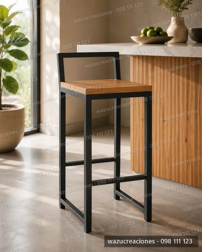 Taburete Banqueta Hierro Y Madera Barra Respaldo Bajo Finger Satinado Negro